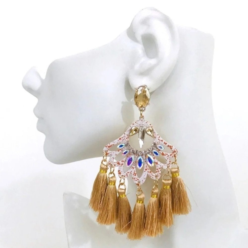 White & Tan Tassel Rhinestone Earrings